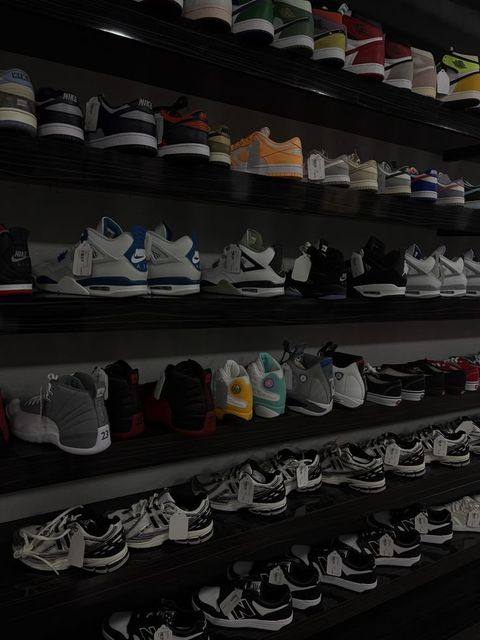 A wall of restored trainers ready for collection at Polished Soles